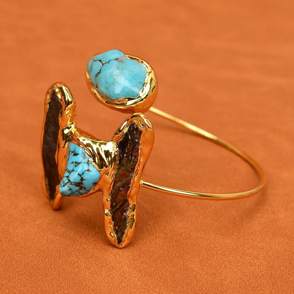 RingsGold Plated Black Pearl Blue Turquoise Bangle Open Bracelet - WS JewelleryBraceletGold Plated BraceletNatural Stone Bracelet