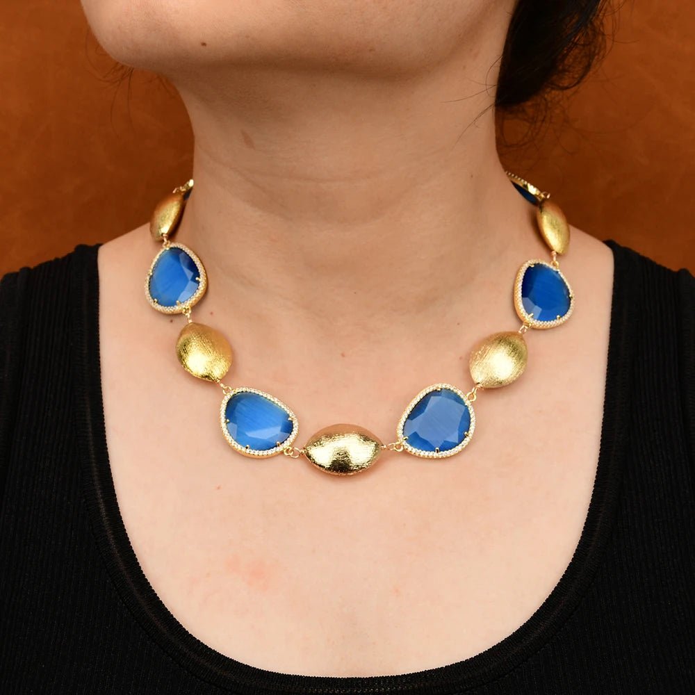 Jewellery SetGold Plated Blue Crystal Oval Bead Necklace Bracelet Earrings Sets - WS JewelleryBraceletGold Plated BraceletNatural Stone Bracelet