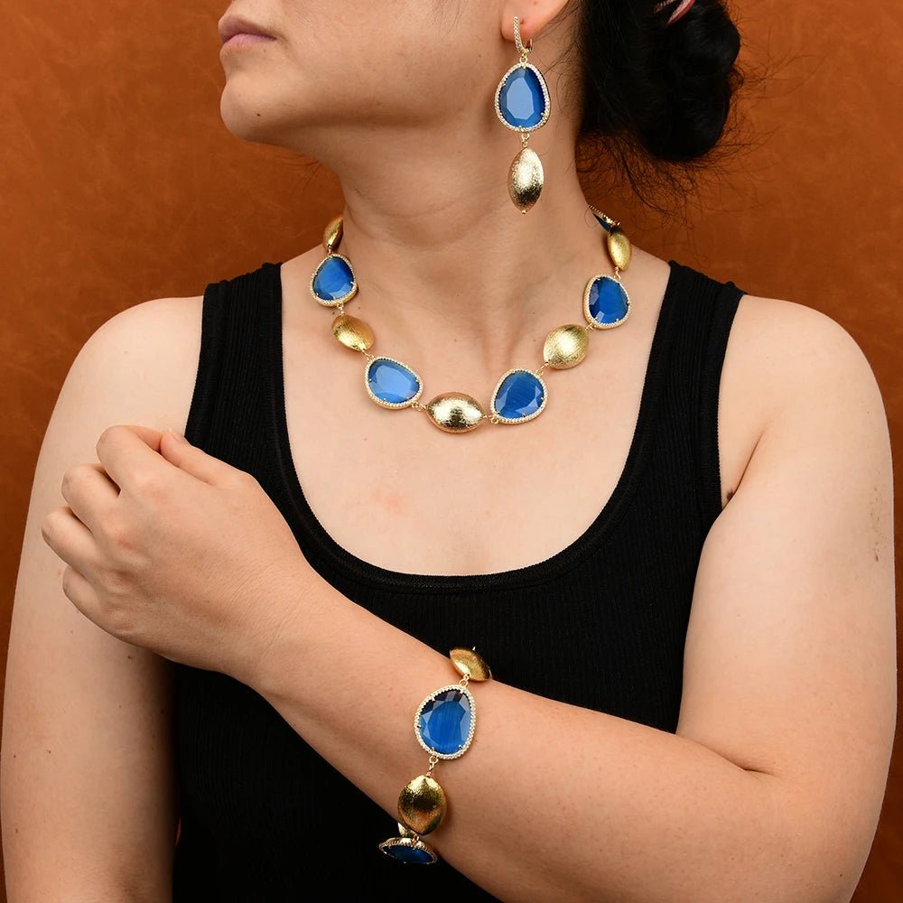 Jewellery SetGold Plated Blue Crystal Oval Bead Necklace Bracelet Earrings Sets - WS JewelleryBraceletGold Plated BraceletNatural Stone Bracelet