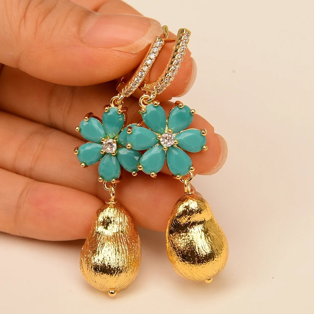 EarringsGold Plated Blue Jade Flower Hook Earrings - WS JewelleryFlower EarringNatural Stone Colelction