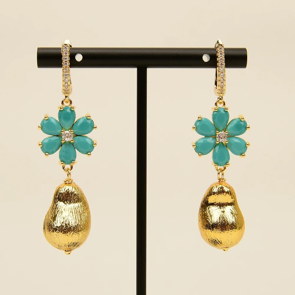 EarringsGold Plated Blue Jade Flower Hook Earrings - WS JewelleryFlower EarringNatural Stone Colelction
