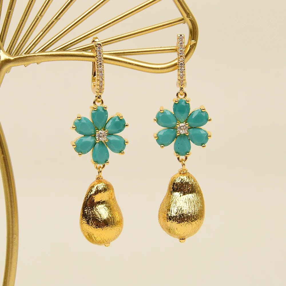 EarringsGold Plated Blue Jade Flower Hook Earrings - WS JewelleryFlower EarringNatural Stone Colelction