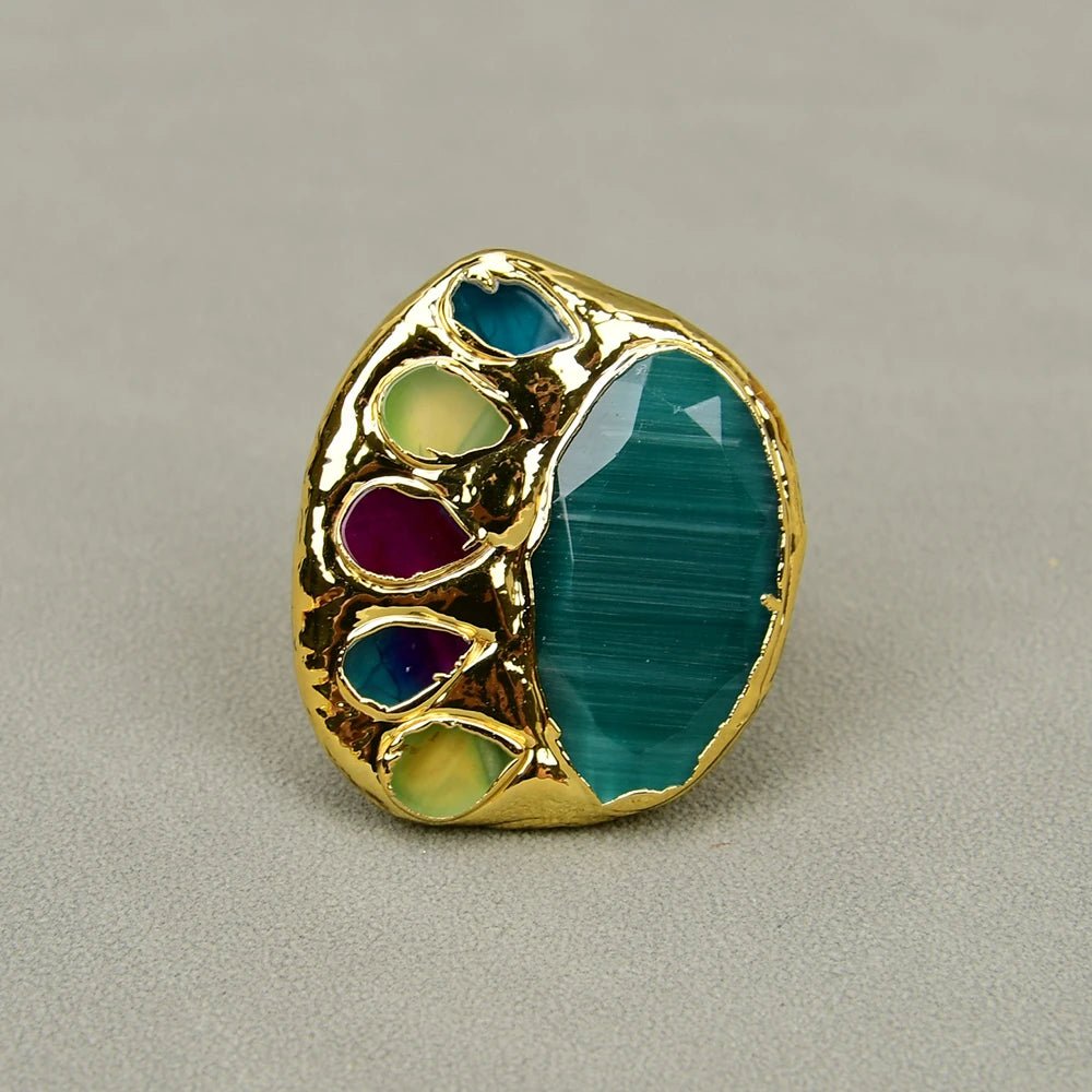 RingsGold Plated Green Cat Eye Multi Color Agates Adjustable Ring - WS JewelleryNatural Stone ColelctionNatural Stone RingRing