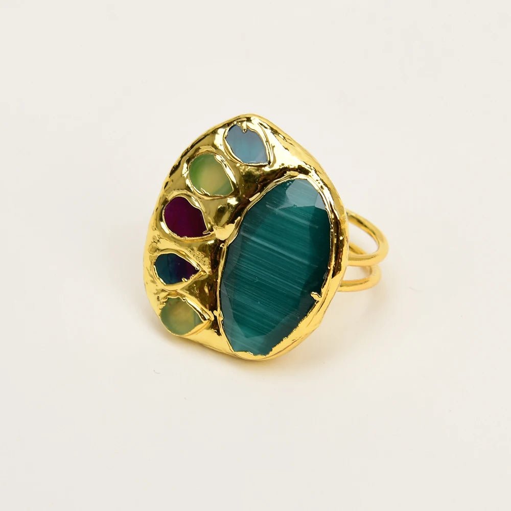RingsGold Plated Green Cat Eye Multi Color Agates Adjustable Ring - WS JewelleryNatural Stone ColelctionNatural Stone RingRing