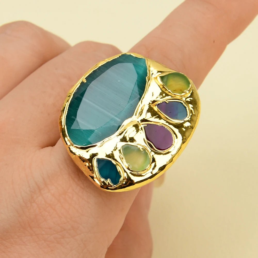 RingsGold Plated Green Cat Eye Multi Color Agates Adjustable Ring - WS JewelleryNatural Stone ColelctionNatural Stone RingRing
