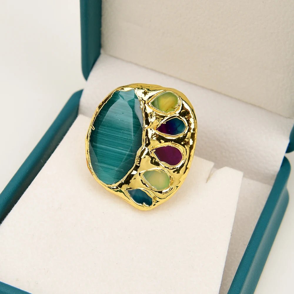 RingsGold Plated Green Cat Eye Multi Color Agates Adjustable Ring - WS JewelleryNatural Stone ColelctionNatural Stone RingRing