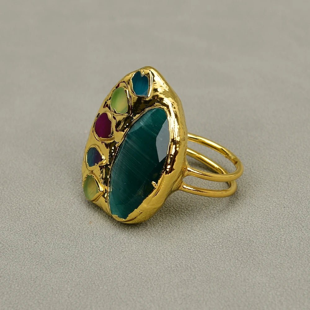 RingsGold Plated Green Cat Eye Multi Color Agates Adjustable Ring - WS JewelleryNatural Stone ColelctionNatural Stone RingRing
