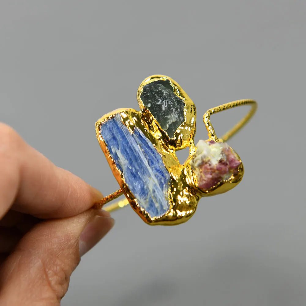 RingsGold Plated Natural Blue Kyanite Tourmaline Bangle Bracelet - WS JewelleryBraceletGold Plated BraceletNatural Stone Bracelet