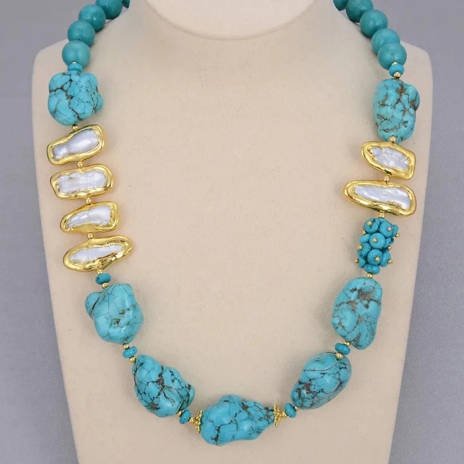 NecklaceGold Plated Natural Freshwater Pearl Blue Turquoise Choker Necklace - WS JewelleryBlue NecklaceNatural Stone ColelctionNatural Stone Necklace