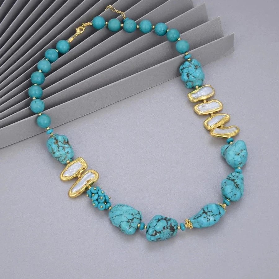 NecklaceGold Plated Natural Freshwater Pearl Blue Turquoise Choker Necklace - WS JewelleryBlue NecklaceNatural Stone ColelctionNatural Stone Necklace