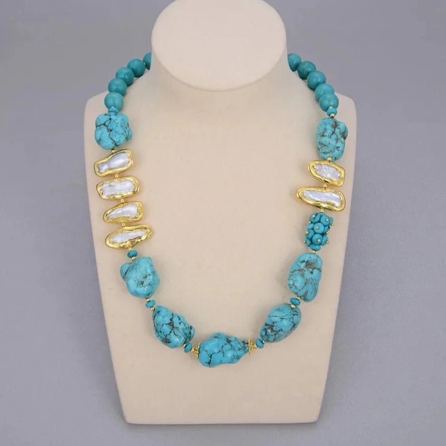 NecklaceGold Plated Natural Freshwater Pearl Blue Turquoise Choker Necklace - WS JewelleryBlue NecklaceNatural Stone ColelctionNatural Stone Necklace