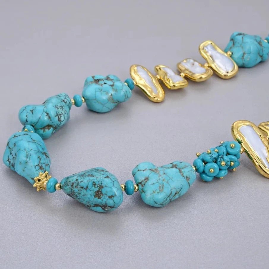 NecklaceGold Plated Natural Freshwater Pearl Blue Turquoise Choker Necklace - WS JewelleryBlue NecklaceNatural Stone ColelctionNatural Stone Necklace