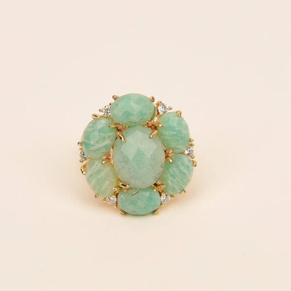 RingsGold Plated Natural Green Amazonite Flower inlaid CZ Adjustable Ring - WS JewelleryNatural Stone ColelctionRing