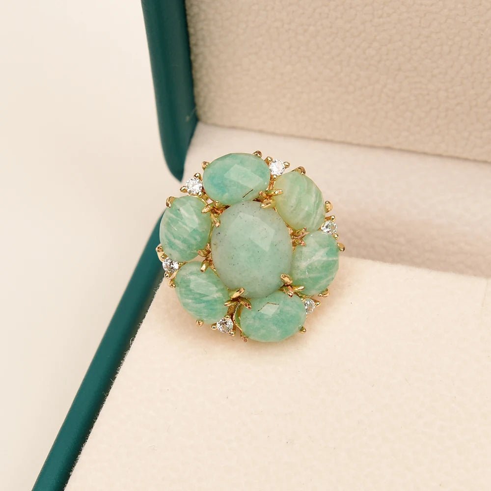 RingsGold Plated Natural Green Amazonite Flower inlaid CZ Adjustable Ring - WS JewelleryNatural Stone ColelctionRing