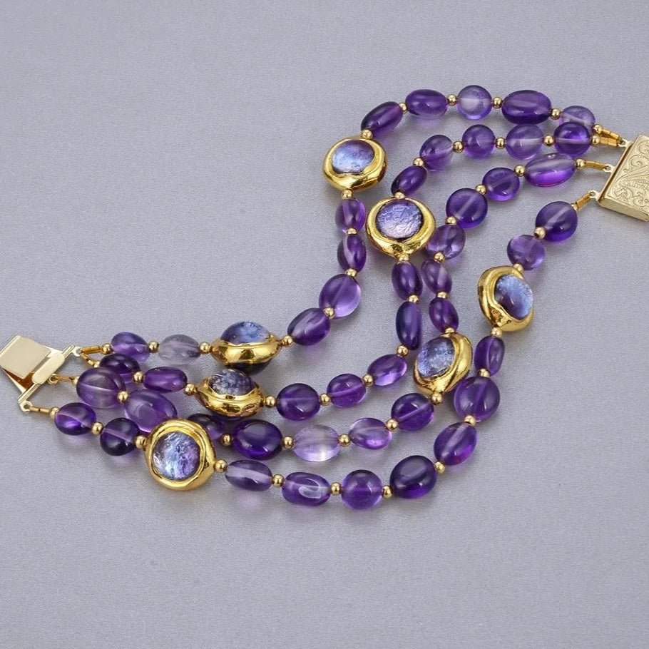 BraceletsGold Plated Natural Purple Amethyst and Murano Glass Bracelet - WS JewelleryBraceletNatural Stone ColelctionWoman Bracelet