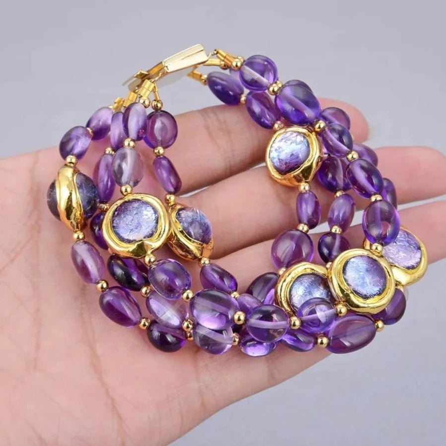 BraceletsGold Plated Natural Purple Amethyst and Murano Glass Bracelet - WS JewelleryBraceletNatural Stone ColelctionWoman Bracelet