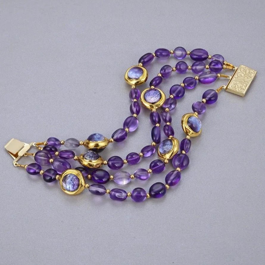 BraceletsGold Plated Natural Purple Amethyst and Murano Glass Bracelet - WS JewelleryBraceletNatural Stone ColelctionWoman Bracelet