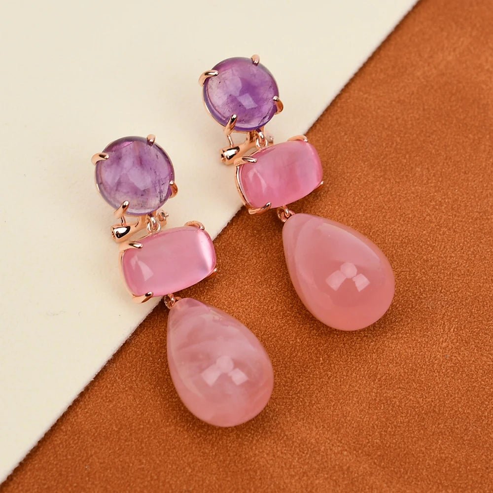 EarringsGold Plated Natural Rose Quartz Amethsyt Teardrop Stud Earring - WS JewelleryNatural Stone ColelctionNatural Stone EarringPearl Earring