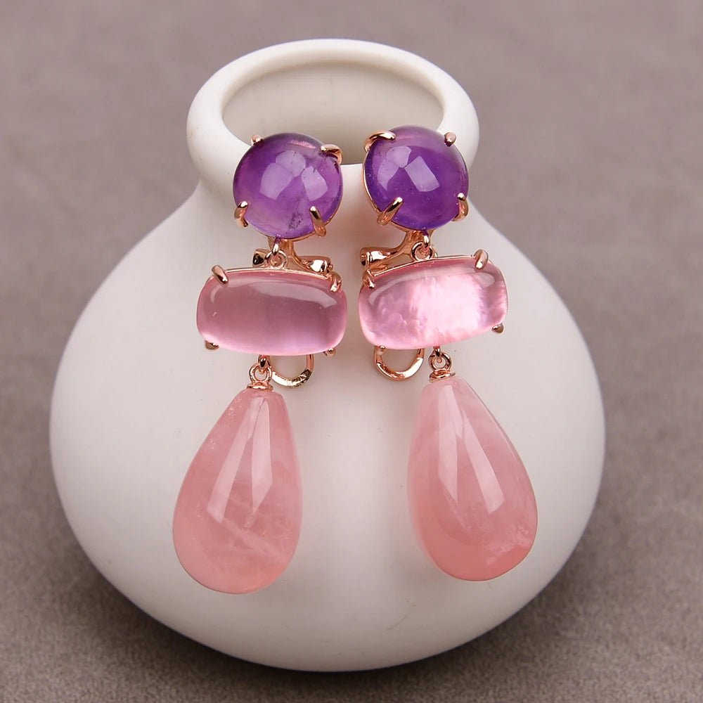 EarringsGold Plated Natural Rose Quartz Amethsyt Teardrop Stud Earring - WS JewelleryNatural Stone ColelctionNatural Stone EarringPearl Earring