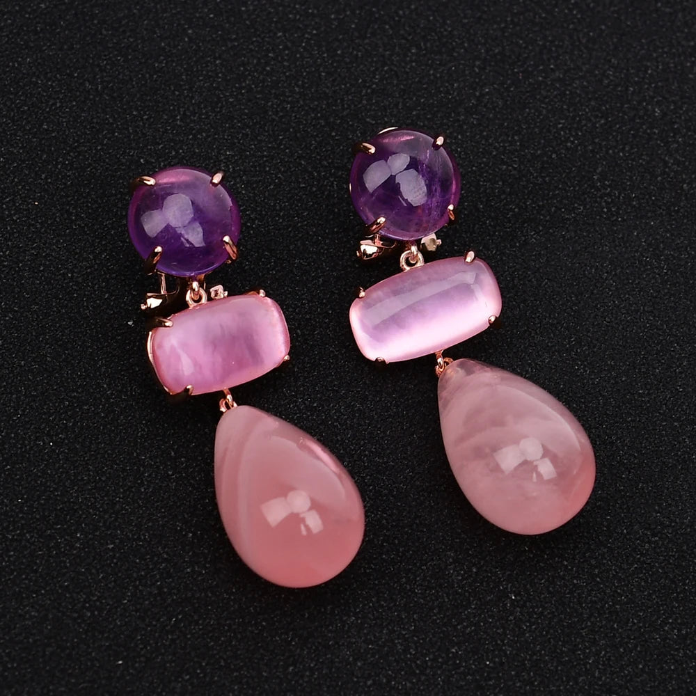 EarringsGold Plated Natural Rose Quartz Amethsyt Teardrop Stud Earring - WS JewelleryNatural Stone ColelctionNatural Stone EarringPearl Earring