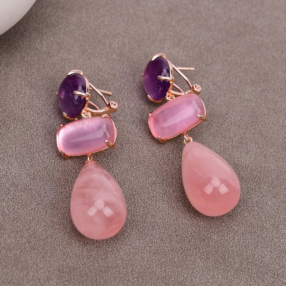 EarringsGold Plated Natural Rose Quartz Amethsyt Teardrop Stud Earring - WS JewelleryNatural Stone ColelctionNatural Stone EarringPearl Earring