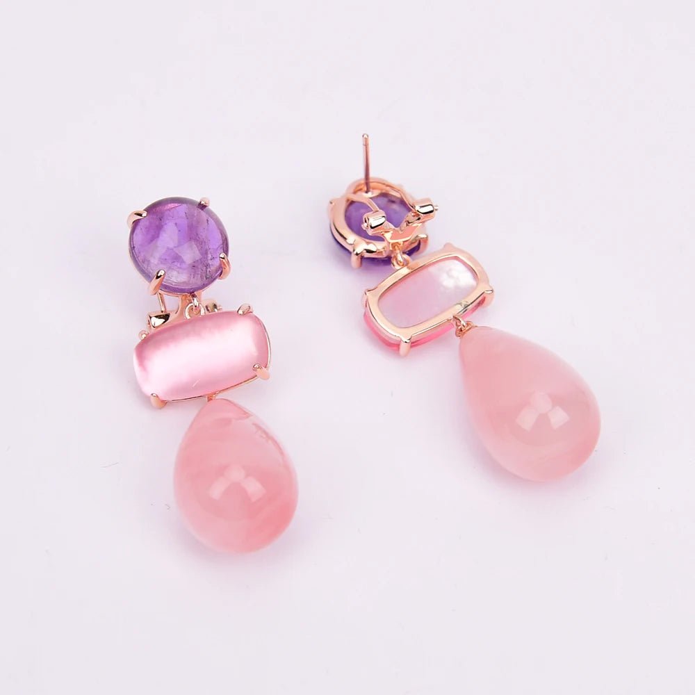 EarringsGold Plated Natural Rose Quartz Amethsyt Teardrop Stud Earring - WS JewelleryNatural Stone ColelctionNatural Stone EarringPearl Earring