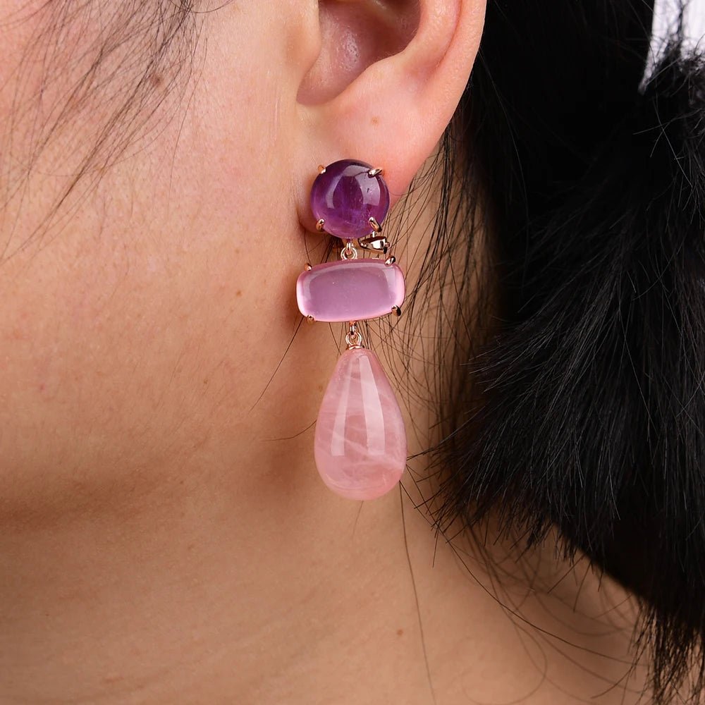 EarringsGold Plated Natural Rose Quartz Amethsyt Teardrop Stud Earring - WS JewelleryNatural Stone ColelctionNatural Stone EarringPearl Earring