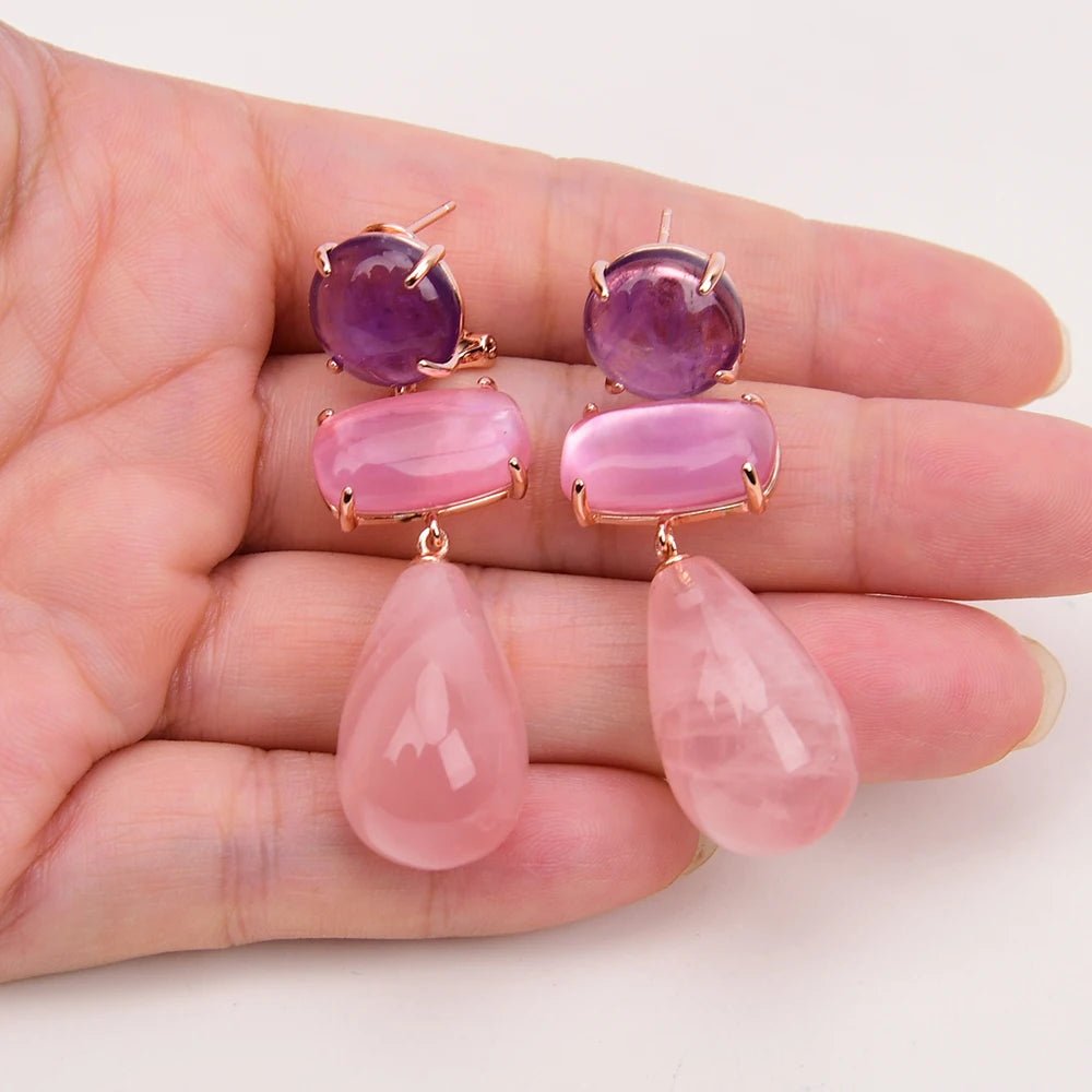 EarringsGold Plated Natural Rose Quartz Amethsyt Teardrop Stud Earring - WS JewelleryNatural Stone ColelctionNatural Stone EarringPearl Earring