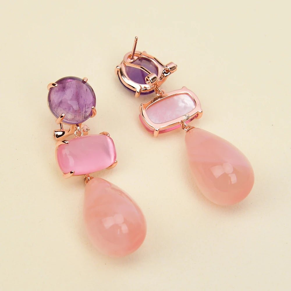 EarringsGold Plated Natural Rose Quartz Amethsyt Teardrop Stud Earring - WS JewelleryNatural Stone ColelctionNatural Stone EarringPearl Earring