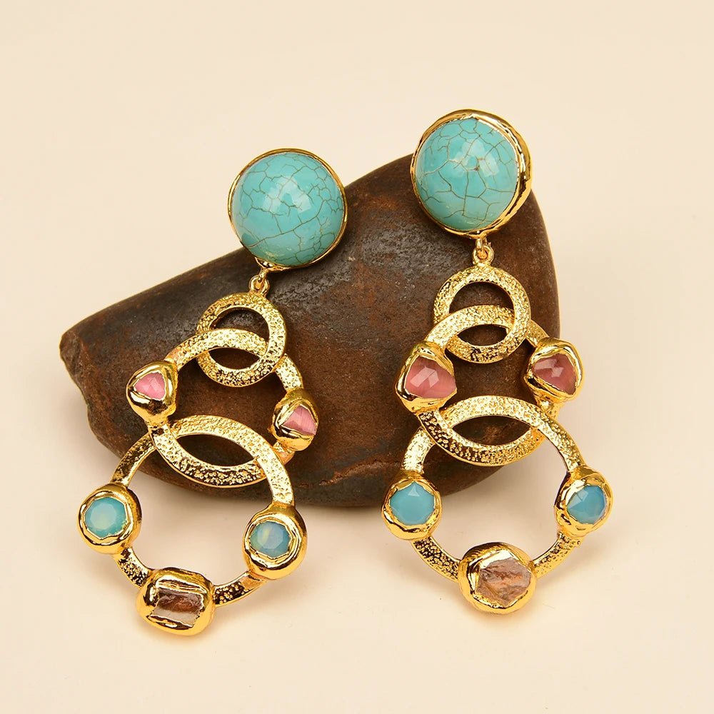 EarringsGold Plated Natural Yellow Citrine Pink Cat Eye Turquoise Stud Earrings - WS JewelleryNatural Stone ColelctionNatural Stone EarringPearl Earring