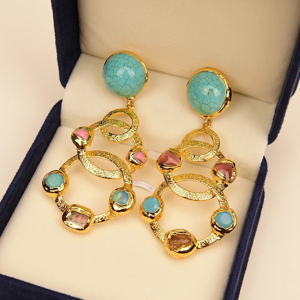 EarringsGold Plated Natural Yellow Citrine Pink Cat Eye Turquoise Stud Earrings - WS JewelleryNatural Stone ColelctionNatural Stone EarringPearl Earring