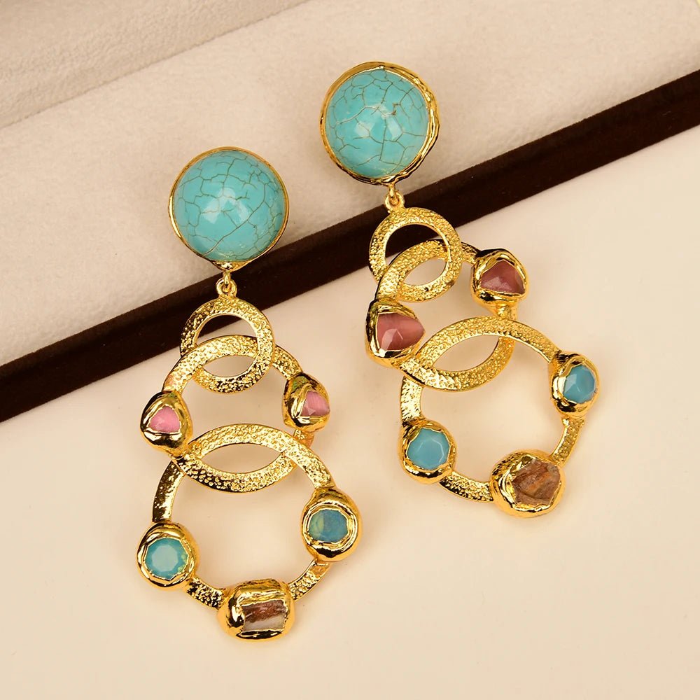 EarringsGold Plated Natural Yellow Citrine Pink Cat Eye Turquoise Stud Earrings - WS JewelleryNatural Stone ColelctionNatural Stone EarringPearl Earring