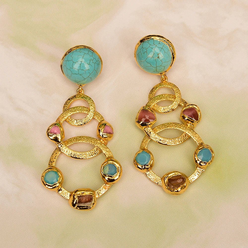 EarringsGold Plated Natural Yellow Citrine Pink Cat Eye Turquoise Stud Earrings - WS JewelleryNatural Stone ColelctionNatural Stone EarringPearl Earring