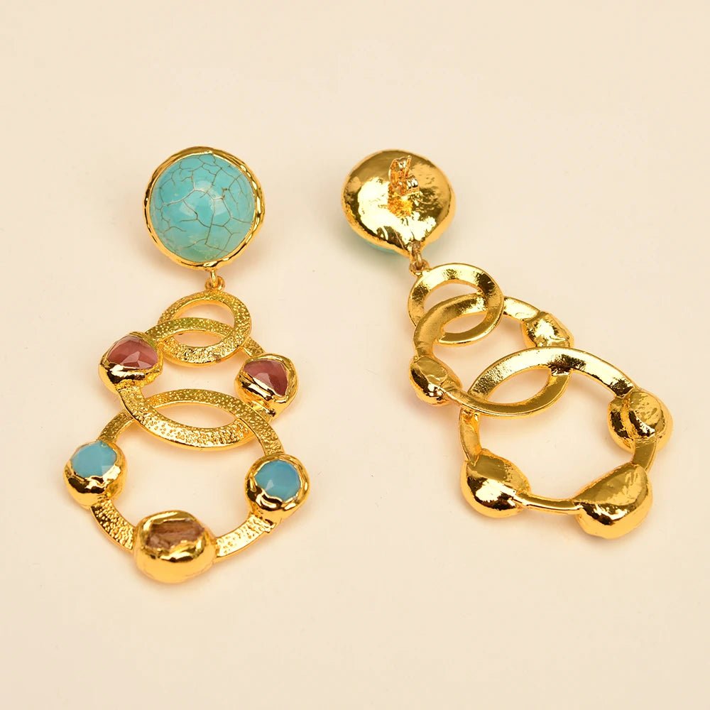 EarringsGold Plated Natural Yellow Citrine Pink Cat Eye Turquoise Stud Earrings - WS JewelleryNatural Stone ColelctionNatural Stone EarringPearl Earring