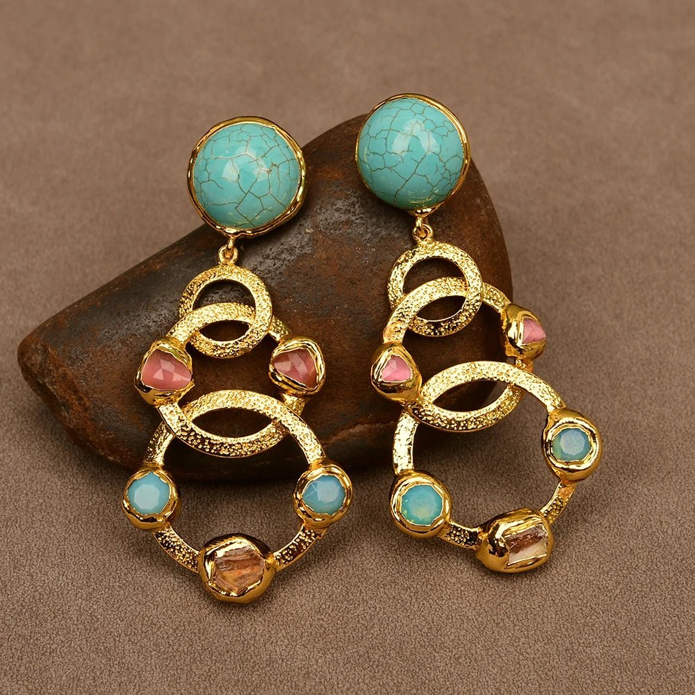 EarringsGold Plated Natural Yellow Citrine Pink Cat Eye Turquoise Stud Earrings - WS JewelleryNatural Stone ColelctionNatural Stone EarringPearl Earring