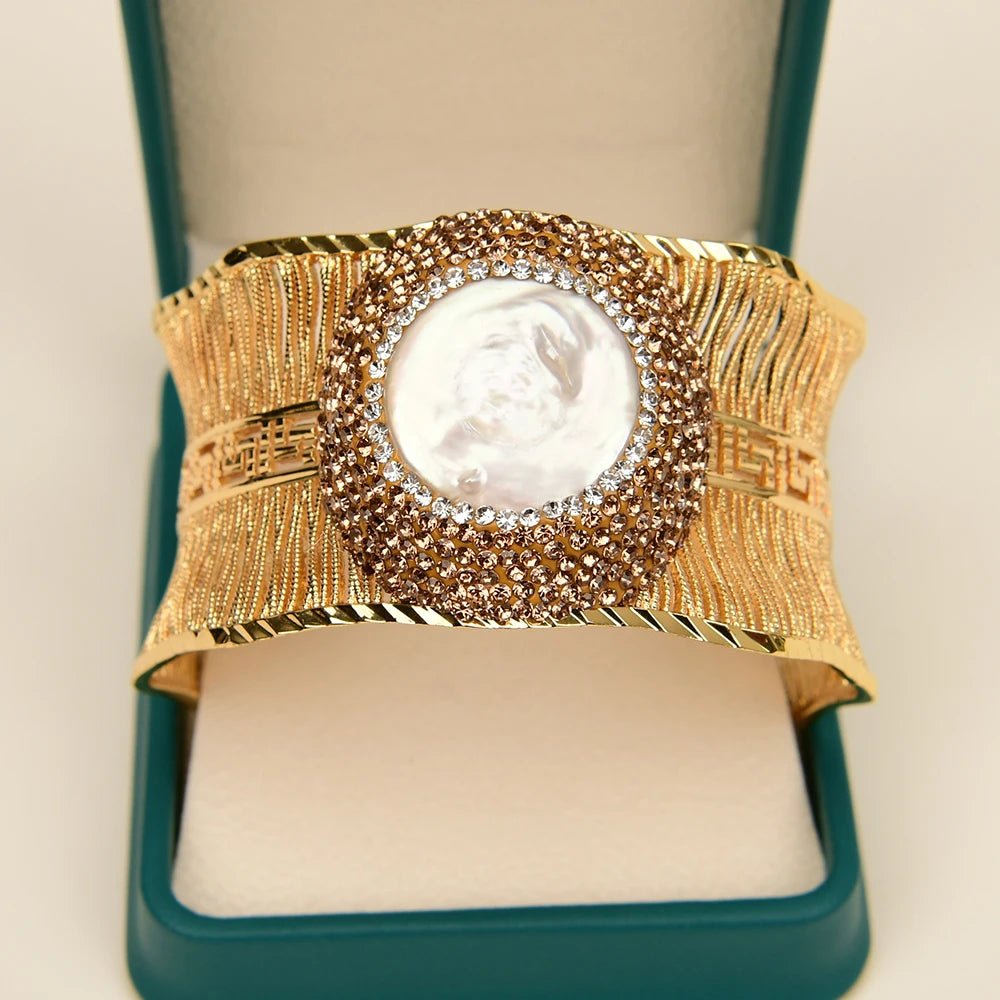 BanglesGold Plated White Coin Pearl Wire Drawing Bangle Bracelet - WS JewelleryBraceletGold Plated BraceletNatural Stone Bracelet