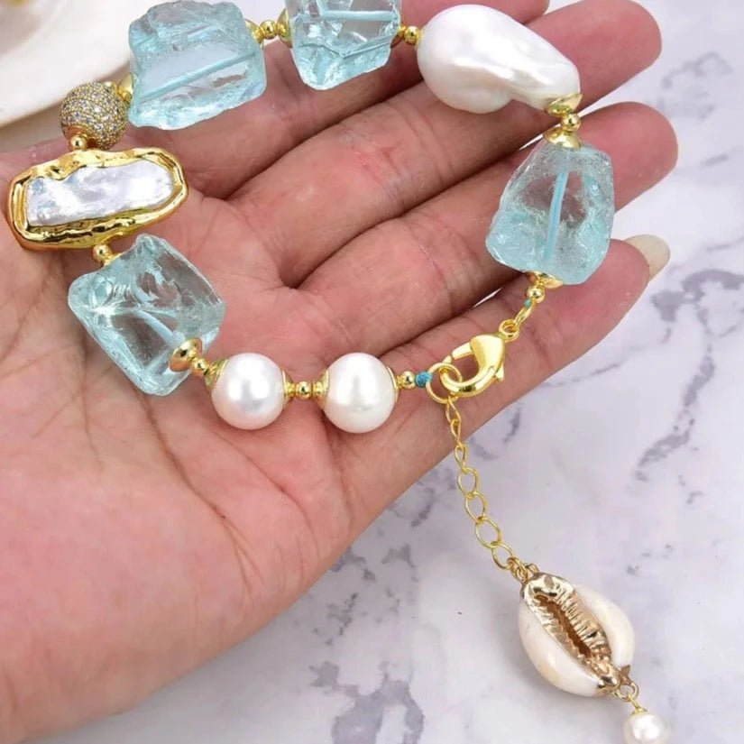 BraceletsGold Plated White Pearl Blue Quartz Bracelet - WS JewelleryBraceletGold Plated BraceletNatural Stone Bracelet