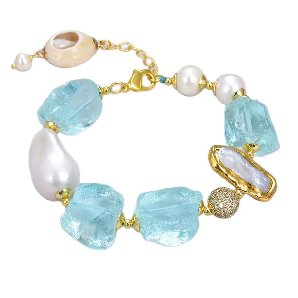 BraceletsGold Plated White Pearl Blue Quartz Bracelet - WS JewelleryBraceletGold Plated BraceletNatural Stone Bracelet