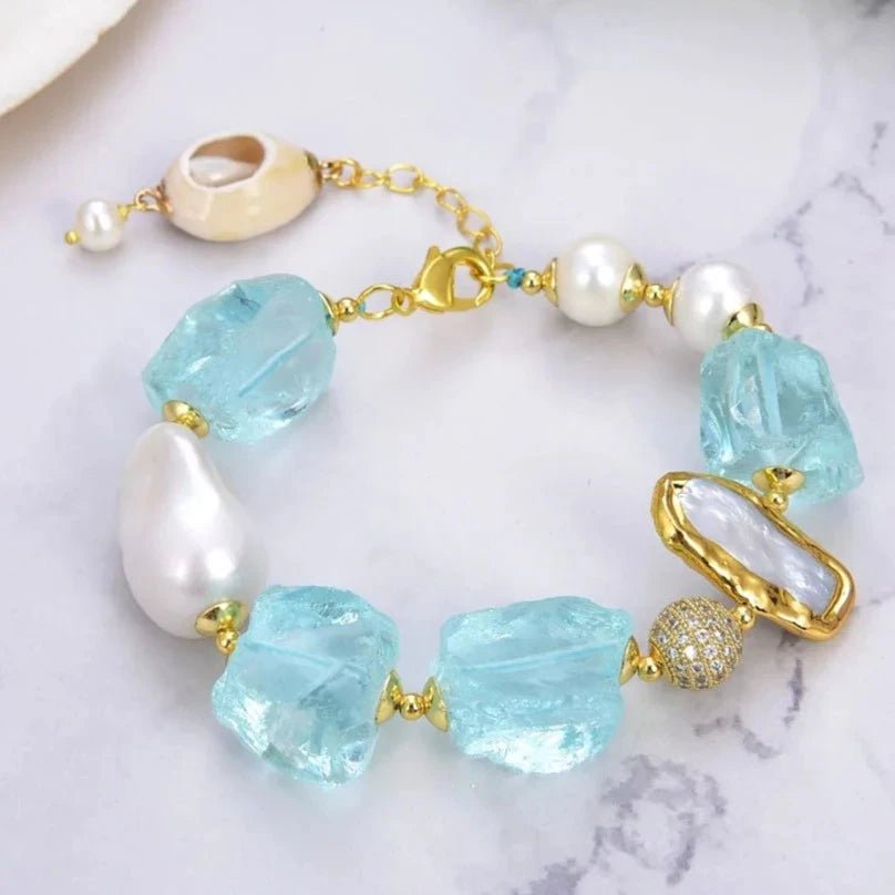 BraceletsGold Plated White Pearl Blue Quartz Bracelet - WS JewelleryBraceletGold Plated BraceletNatural Stone Bracelet