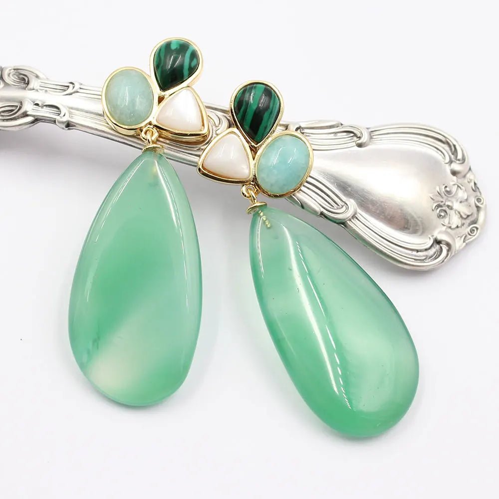EarringsGreen Agates White Shell Peruvian Amazonites Dangel Stud Earrings - WS JewelleryNatural Stone ColelctionNatural Stone EarringPearl Earring