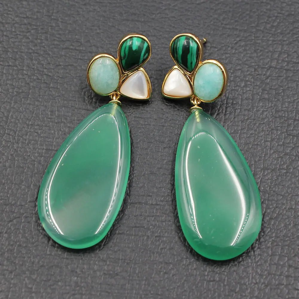 EarringsGreen Agates White Shell Peruvian Amazonites Dangel Stud Earrings - WS JewelleryNatural Stone ColelctionNatural Stone EarringPearl Earring