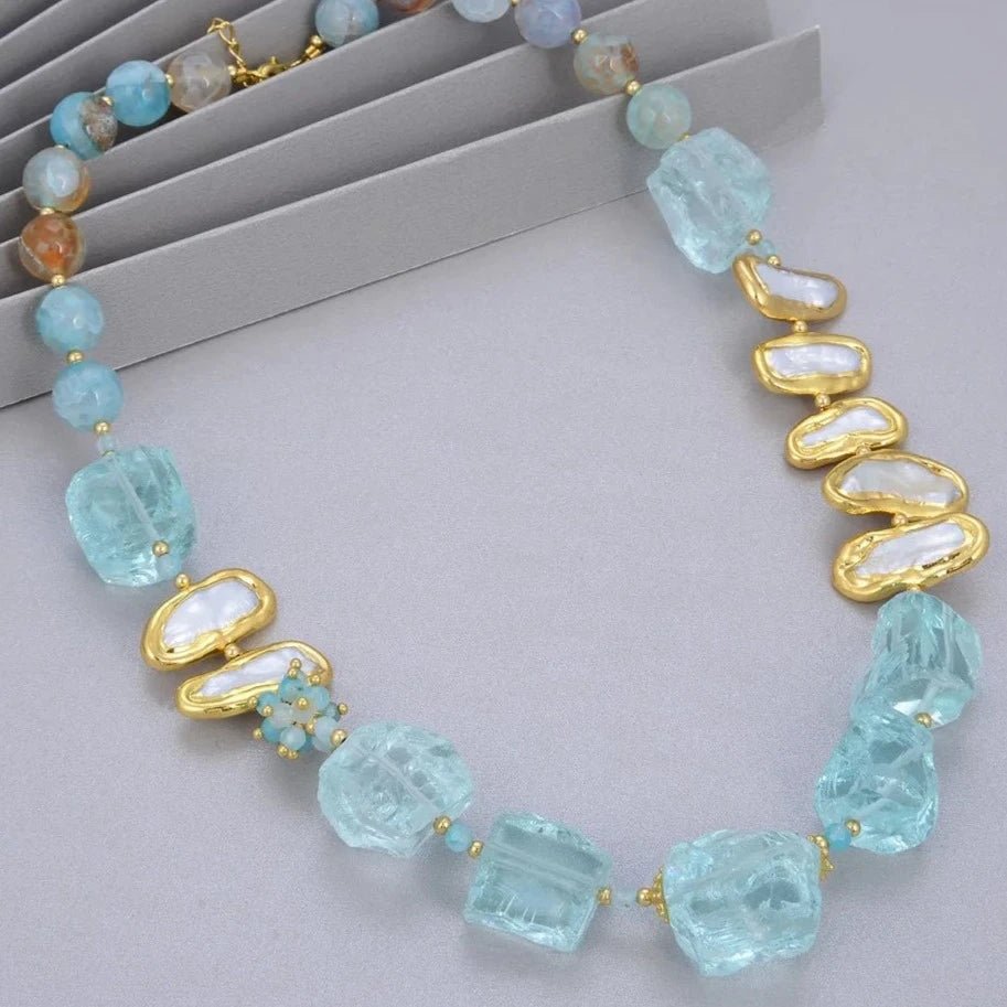 NecklacesNatural Blue Quartz Freshwater Pearl Round Agates Necklace - WS JewelleryNatural Stone Colelction