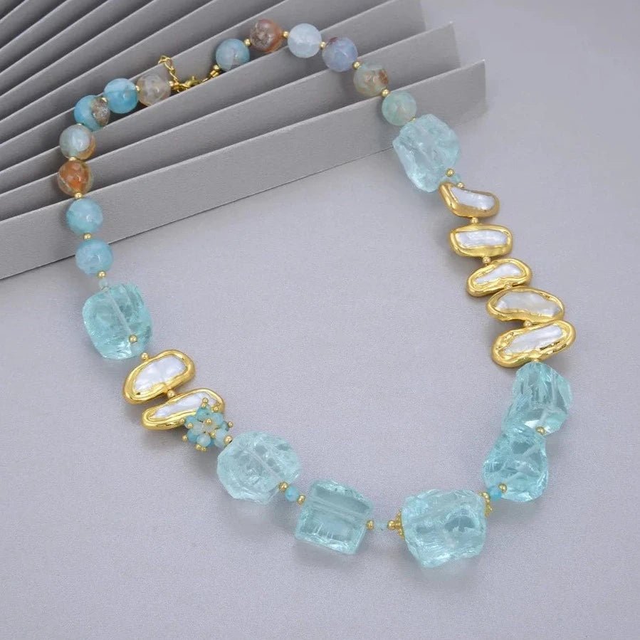 NecklacesNatural Blue Quartz Freshwater Pearl Round Agates Necklace - WS JewelleryNatural Stone Colelction