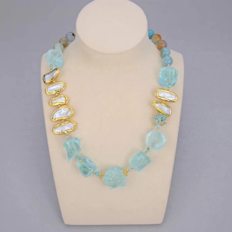 NecklacesNatural Blue Quartz Freshwater Pearl Round Agates Necklace - WS JewelleryNatural Stone Colelction