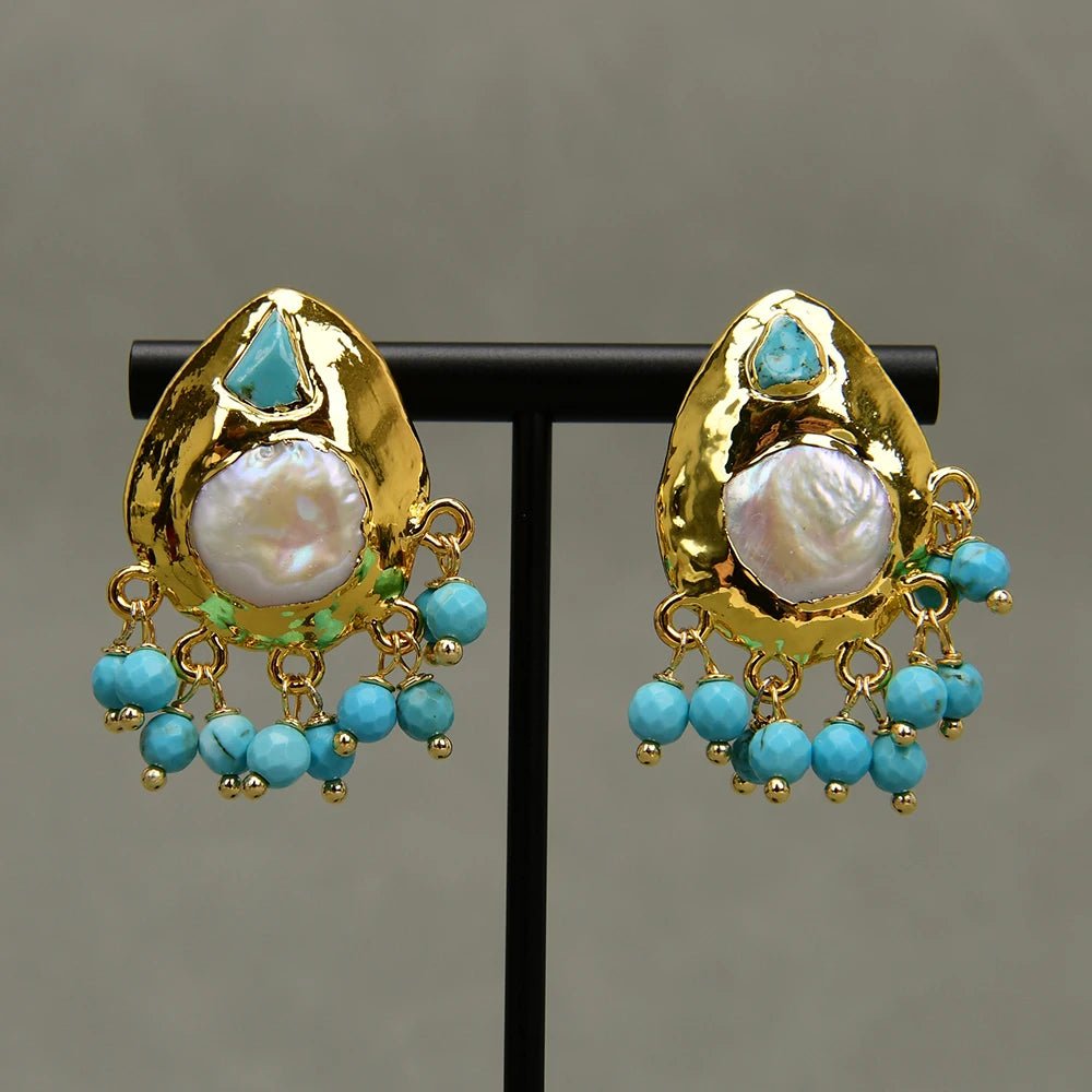 EarringsNatural Coin Pearl Blue Turquoise Paved Earrings - WS JewelleryNatural Stone ColelctionNatural Stone EarringPearl Earring