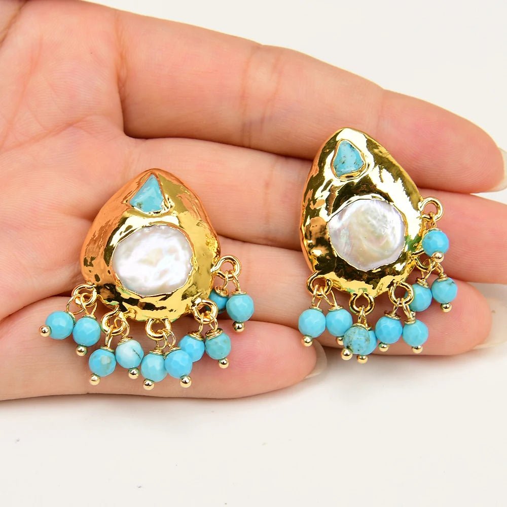 EarringsNatural Coin Pearl Blue Turquoise Paved Earrings - WS JewelleryNatural Stone ColelctionNatural Stone EarringPearl Earring