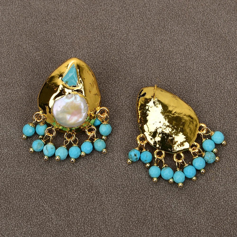 EarringsNatural Coin Pearl Blue Turquoise Paved Earrings - WS JewelleryNatural Stone ColelctionNatural Stone EarringPearl Earring