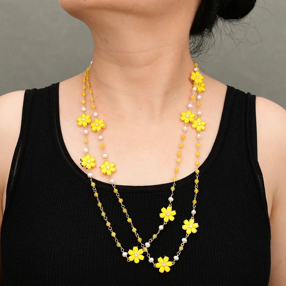 NecklacesNatural Lemon Quartz White Pearl Yellow Jade Flower Necklace - WS JewelleryNatural Stone ColelctionNecklace
