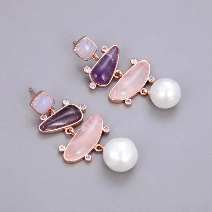 EarringsNatural Pearl Rose Quartz Amethyst Stud Earrings - WS JewelleryNatural Stone ColelctionNatural Stone EarringPearl Earring