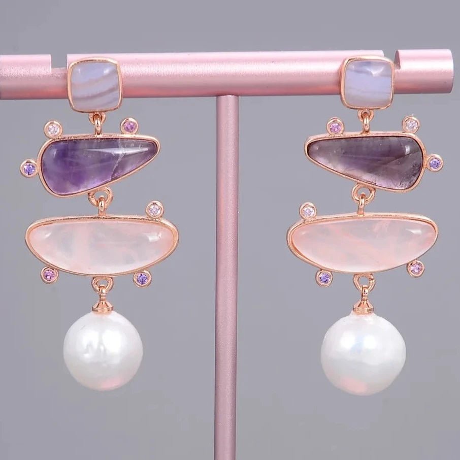 EarringsNatural Pearl Rose Quartz Amethyst Stud Earrings - WS JewelleryNatural Stone ColelctionNatural Stone EarringPearl Earring